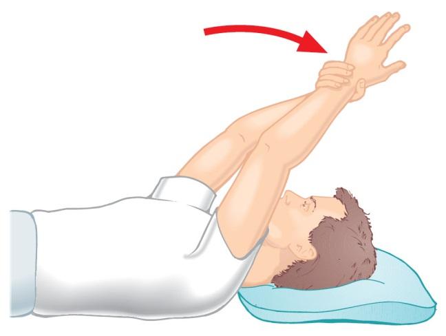 Arm overhead Lying on your back (shown for left shoulder) Support problem arm with other hand at wrist and lift it up overhead