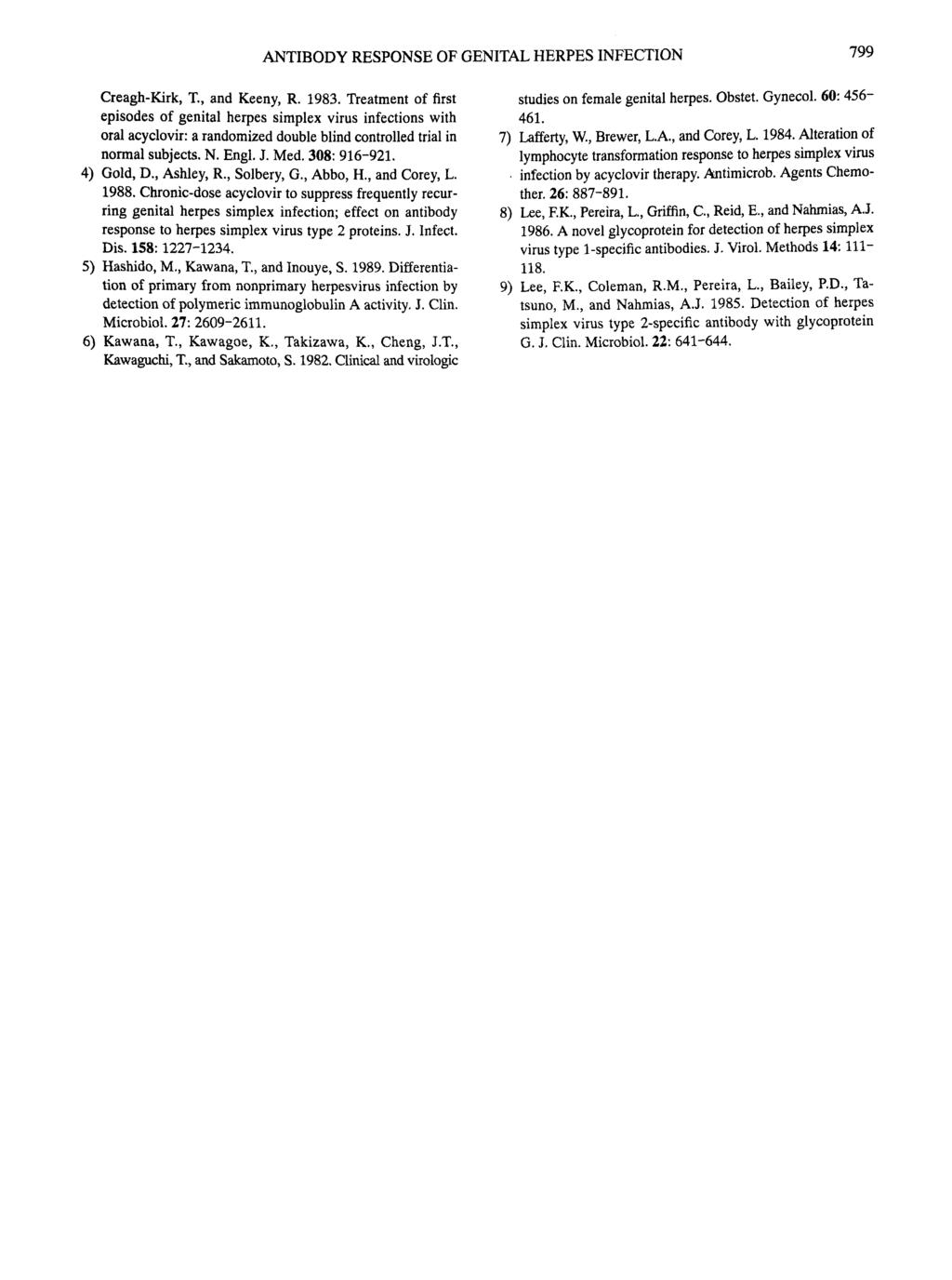 ANTIBODY RESPONSE OF GENITAL HERPES INFECTION 799 Creagh-Kirk, T., and Keeny, R. 1983.
