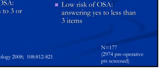 than 35) A Age (50 and older) N Neck Size (>40 cm) G Gender (male) High risk of OSA: answering yes to 3 or more items