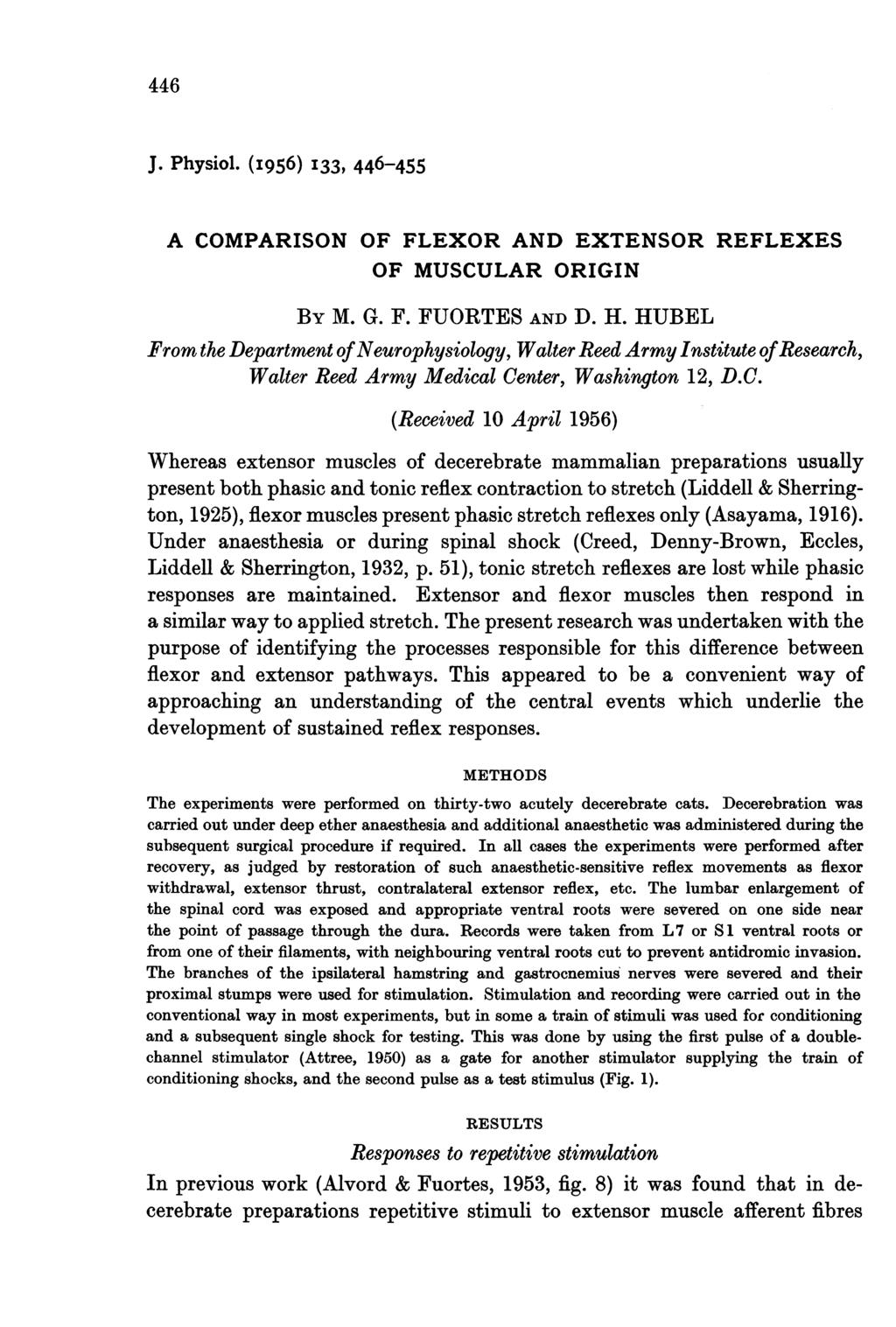 446 J. Physiol. (I956) I33, 446-455 A COMPARISON OF FLEXOR AND EXTENSOR REFLEXES OF MUSCULAR ORIGIN BY M. G. F. FUORTES AND D. H.