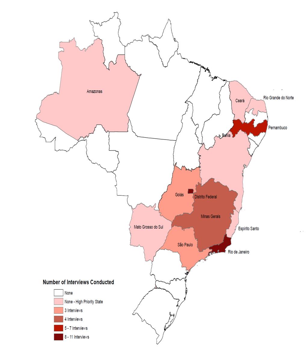 Data collection methods 50+ stakeholder interviews conducted across 5 target states and the capitals o Goiás, Minas Gerais, Pernambuco, Rio de Janeiro, São Paulo, Brasilia Included federal and