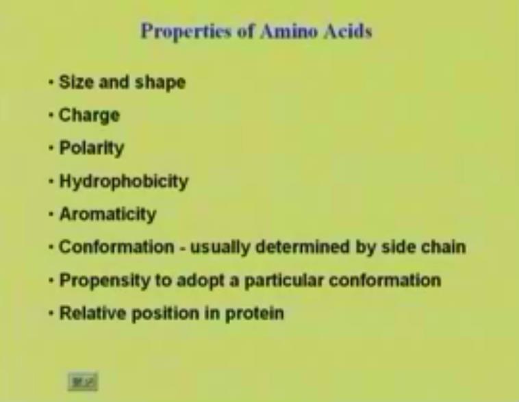 Now, we have to consider specific properties of amino acids. What are these properties? One thing that we looked at is, we have looked at the size and the shape.