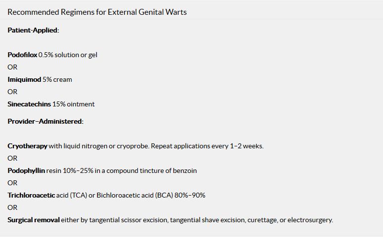 Centers for Disease Control and Prevention: Sexually Transmitted Disease Treatment Guidelines 2010 Regimens Treatment of genital warts should be guided by the preference of the patient, available