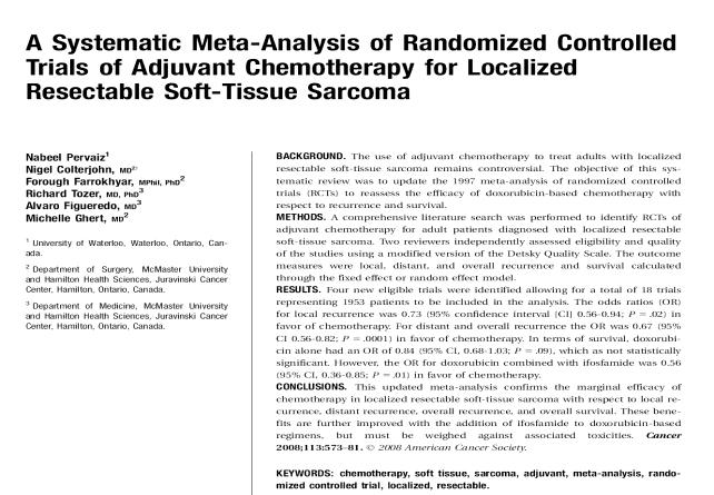 Soft tissue sarcoma: localised disease 5-10%