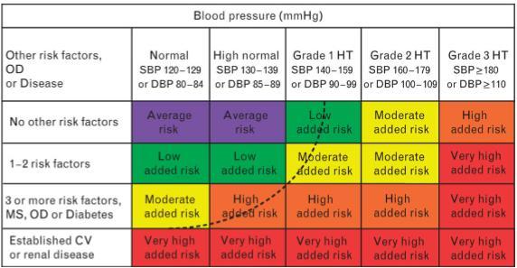 1. IRUDIA: Arrisku kardiobaskularren sailkapena 4 kategorietan. CV: kardiobaskularra; HT: HTA. DBP: PAD; SBP: PAS.