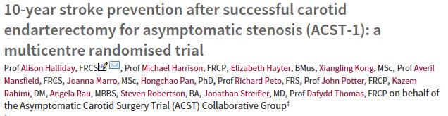 ACST (asymptomatic carotid surgery trial) 3120 asx pts w/ >60% stenosis by U/S Randomized b/t immed CEA and indefinite deferral of any CEA and were followed for up to 5 yrs Net five year risk for