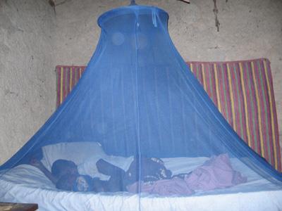 A mother and her child sleep in a mosquito net in Tanzania.