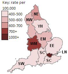 modelled estimates, London and the West Midlands accounted for 30% and 12%, respectively, of clinical cases in England to the end of September (HPA, unpublished data).