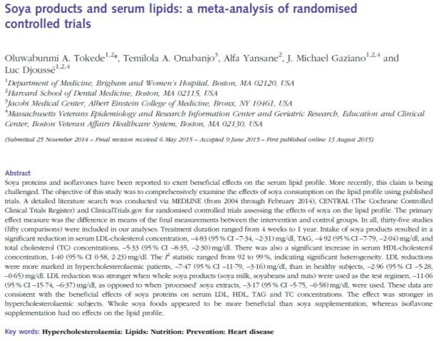 40 Sub-analysis High risk 2 32 studies Healthy 18 studies Whole soyfoods 3 12 studies BJN 114: 831-843, 2015 LDL (-6.97%) & TG (-9.