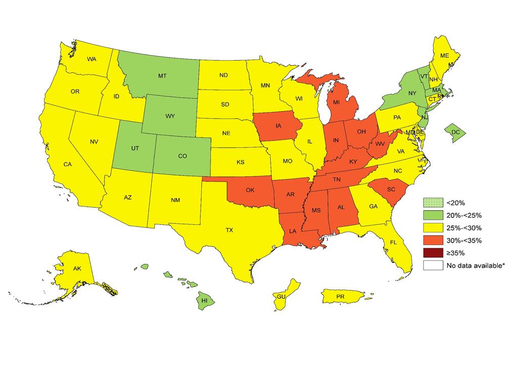 Adults by State and Territory, BRFSS, 2012 Prevalence estimates reflect BRFSS methodological changes started in 2011.