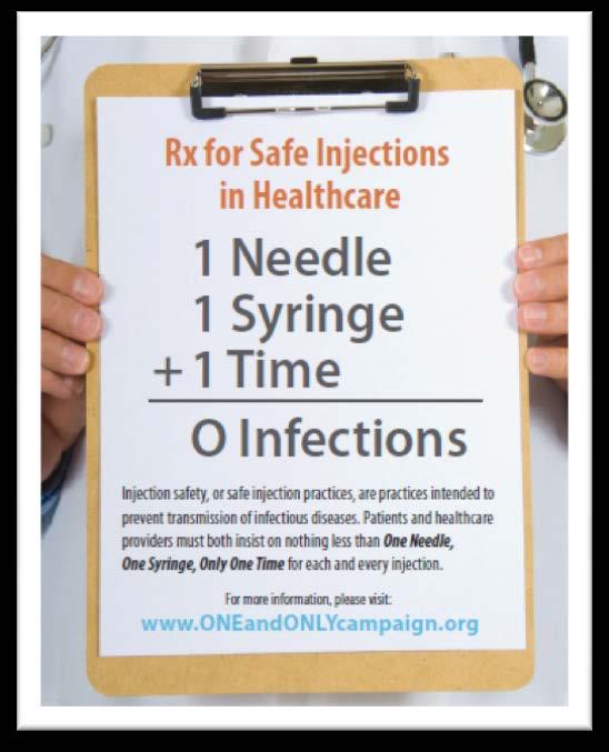THE ONE AND ONLY CAMPAIGN Launched in response to outbreaks resulting from unsafe injection practices Led by the Centers for Disease Control (CDC) and Safe Injection Practices Coalition (SIPC) Goals: