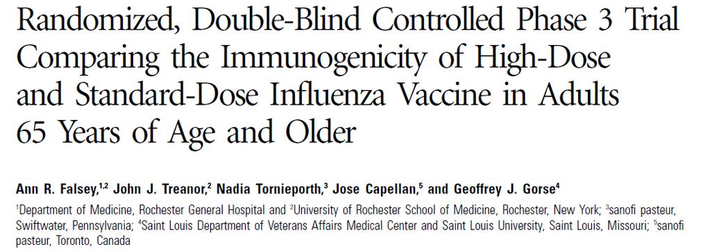 Methods: Multicenter, randomized, double-blind controlled study HD vaccine (60 mcg of hemagglutinin per strain): N=2,575 SD