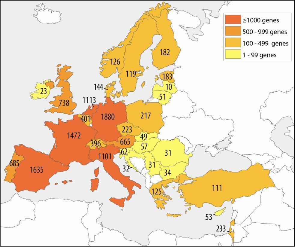Number of genes tested in each EU country,