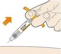 Slowly push the plunger down as far as it will go until the syringe is empty. 5. Before you remove the needle, check that the syringe is empty. Pull the needle out at the same angle as inserted.