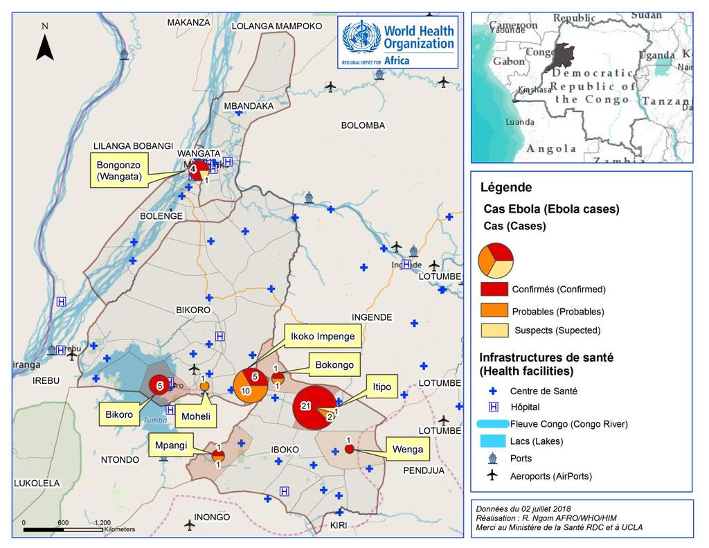 Figure 3: Geographical distribution of the Ebola virus disease cases in Equateur Province, Democratic Republic of the Congo, 2 July 2018 The province of Equateur covers an area of 130 442 km 2 and