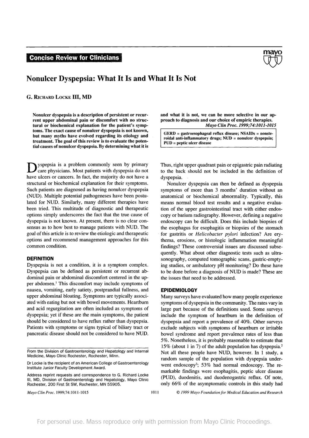 Concise Review for Clinicians Nonulcer Dyspepsia: What It Is and What It Is Not G.