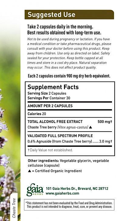 Gaia Herbs uses cer;fied organics Chaste Tree berry to provide a full spectrum herbal extract for women s health. Features & Benefits Supports balanced hormones* Full spectrum potency: 0.