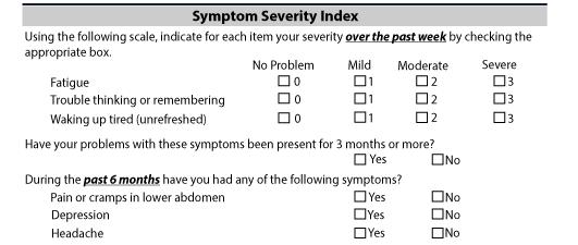 Fibromyalgia-ness Symptom Severity Index (0-12) CNS derived symptoms that accompany
