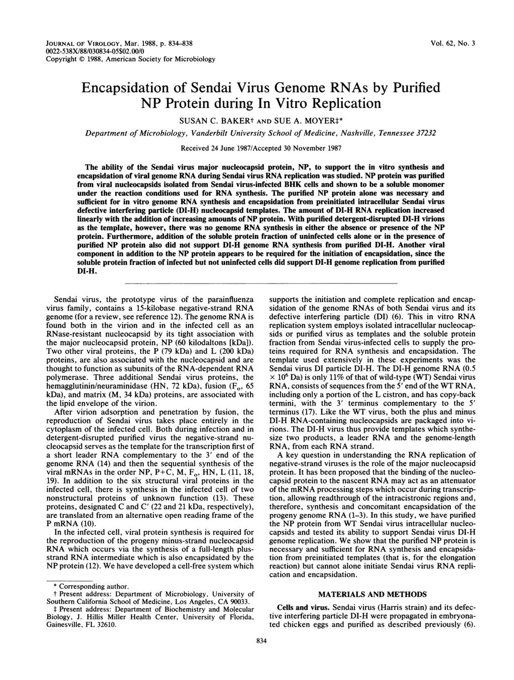 JOURNAL OF VIROLOGY, Mar. 1988, p. 834-838 22-538X/88/3834-5$2./ Copyright C) 1988, American Society for Microbiology Vol. 62, No.