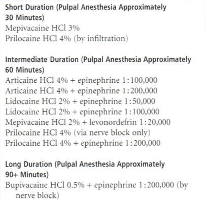 Mepivacaine 3% Plain 2% with 1:20,000 levonordefrin Prilocaine 4% plain 4% with 1:200,000 Epi Malamed.