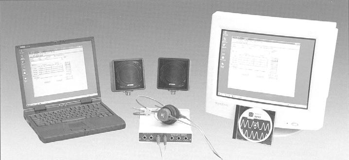 Figure 1. The HINT system consisting of laptop computer (left), optional speakers and hearing test device with TDH 39P supra-aural headphones (center) and monitor (right).