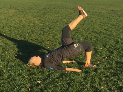 Lay on your back with knees bent and feet on the ground like Double Leg Bridge exercise above.