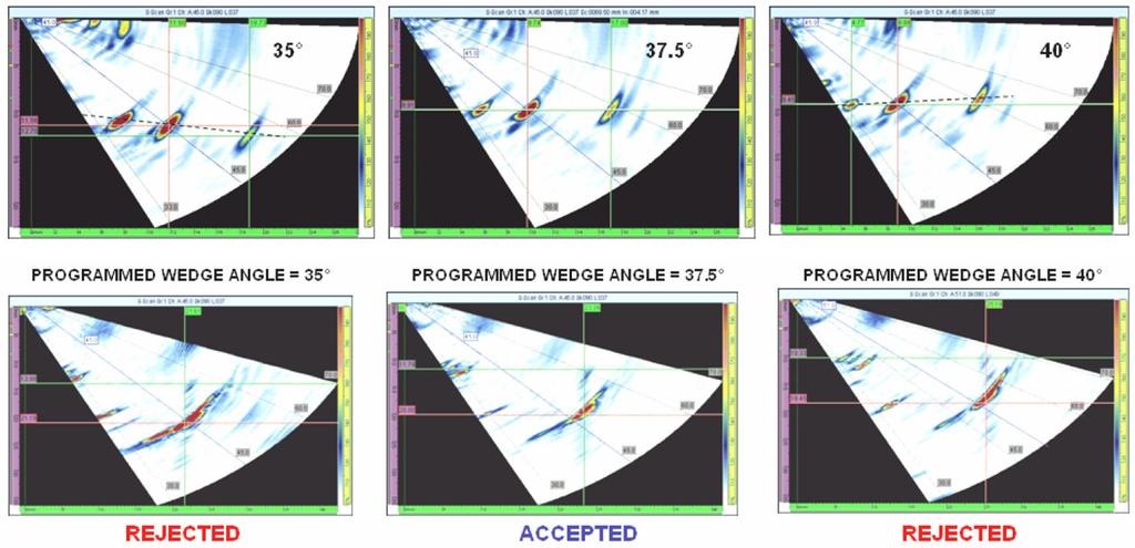 Figure 14: Examples of wedge angle checking for SDH (top) and a fatigue crack pattern display / location (bottom).
