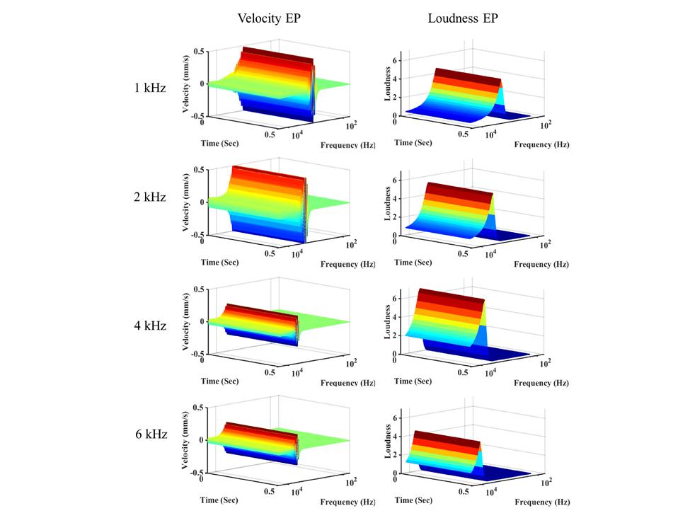 Fig. 6 The T-F distributions of two developed EPs obtained by simulated pure-tone noise signals at 100 db SPL with frequencies at 1, 2, 4, and 6 khz, respectively. 3.3.Hazardous Level Evaluation 3.3.1. Frequency Distributions of HLs for Gaussian Noise According to Eqs.