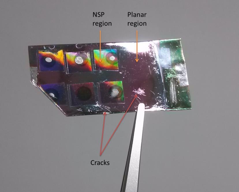 Figure S7: Optical Image of a sample with 6 small scale NSP solar cell indicating cracks