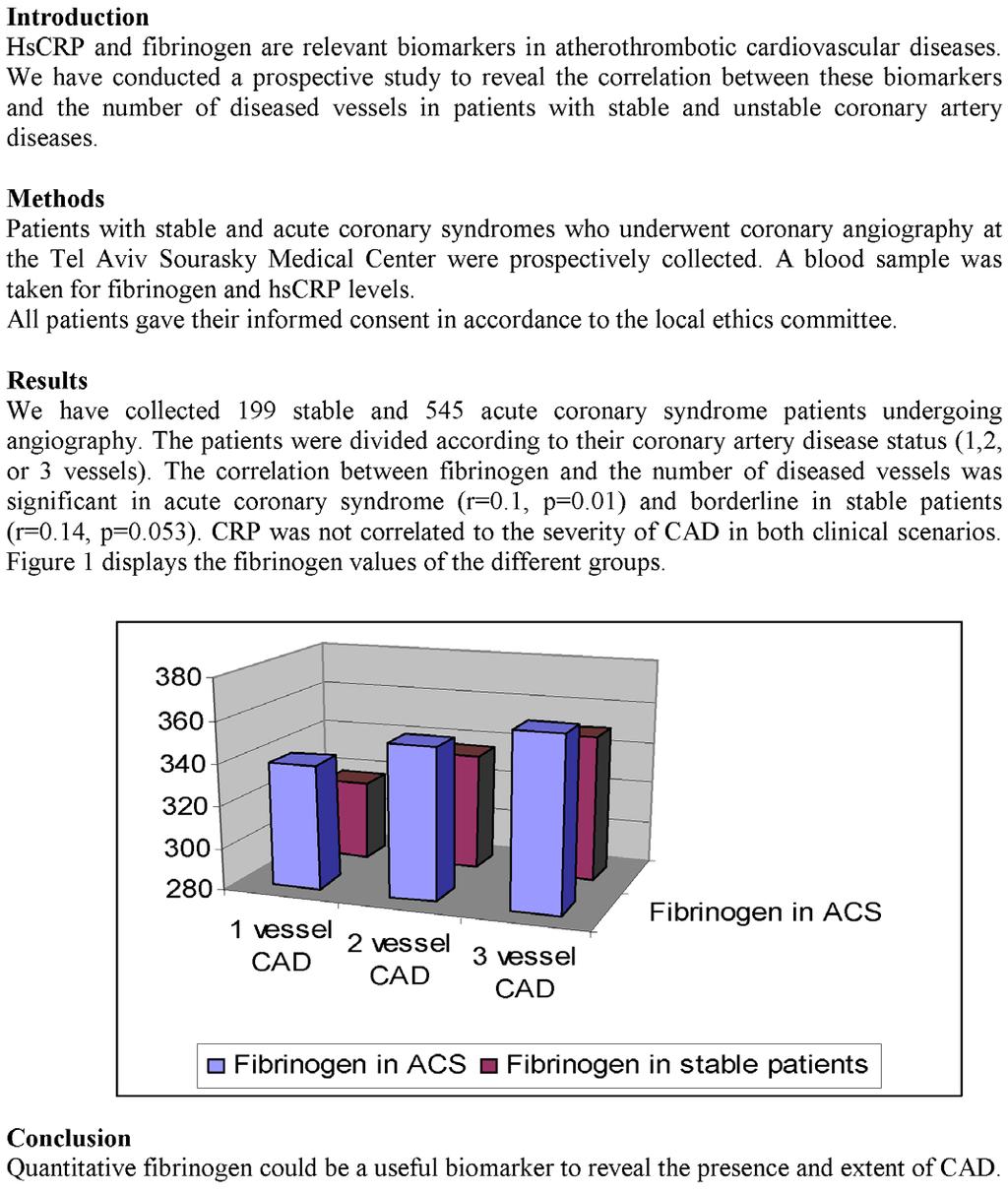 P10 - Posters - Prevention and Risk Factors Comparative Analysis of Quantitive Fibrinogen, hscrp and the Number of Diseased Vessels in Patients with Coronary Artery Disease Yaron Arbel 1, Tamar