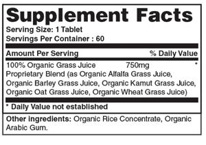 ORGANIC GRASS JUICE Product Name: Organic Grass Juice Product Numbers: VNV901 Product Count: 60/CT Product Form: Tablets Sizes Available: 60 Tabs Our 100% Organic Pure Grass Juice has been formulated