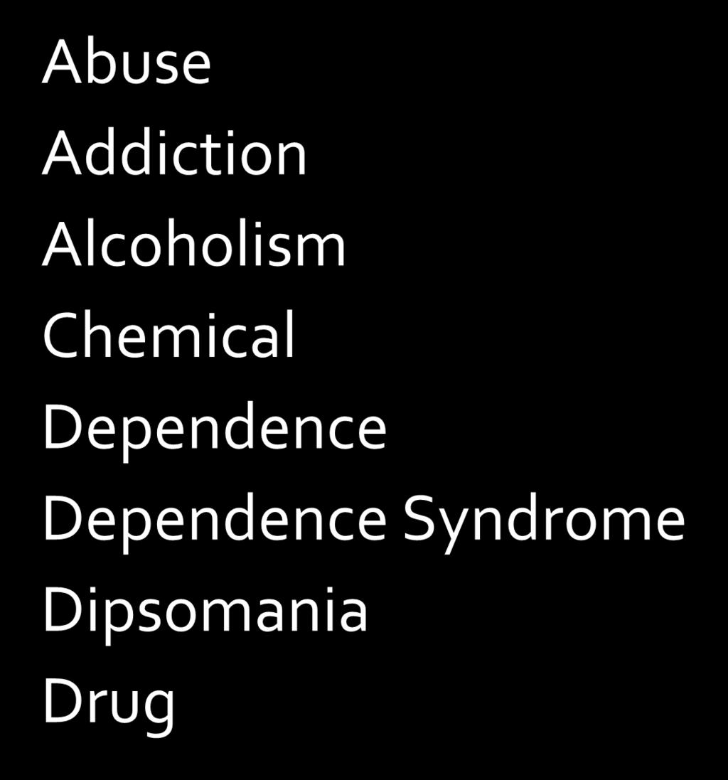 Examples of Naming in the Alcohol and Drug Field Abuse Addiction Alcoholism Chemical Dependence Dependence Syndrome