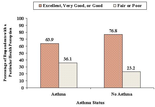 Figure 12 Lifetime Asthma Status among Adults and General Health Perception West Virginia BRFSS, 2000-2001 When asked to describe their general health, adults with asthma were significantly less