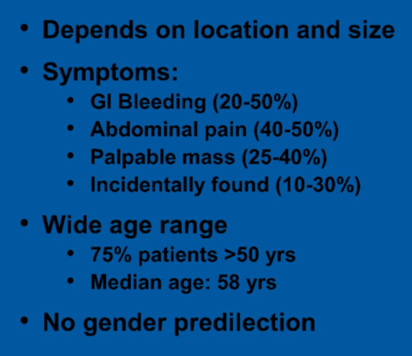 Presentation Depends on location and size Symptoms: GI Bleeding