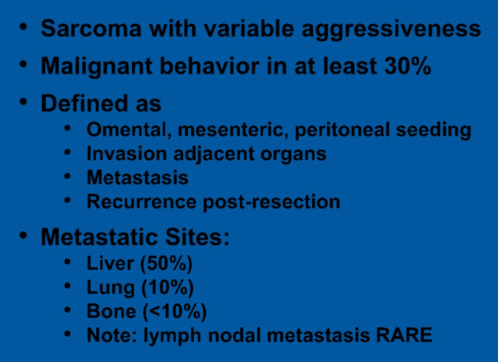 variable aggressiveness Malignant behavior in at least 30% Defined