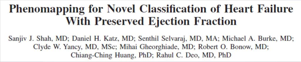 397 HFpEF patients with detailed clinical, lab, ECG, and echo phenotyping (67 variables) Unbiased hierarchical clustering analysis 3 distinct groups identified 1: younger, lower BNP, less LVH and