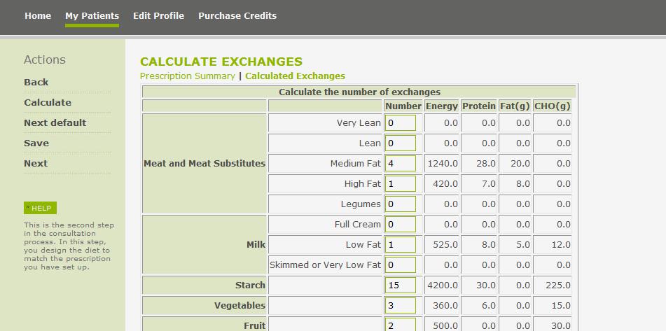 Calculated Exchanges The calculated number of exchanges (when selecting the Default function) for each food group are summarised on this sheet.