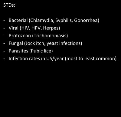 Review STDs: - Bacterial (Chlamydia, Syphilis, Gonorrhea) - Viral (HIV, HPV, Herpes) - Protozoan (Trichomoniasis) -