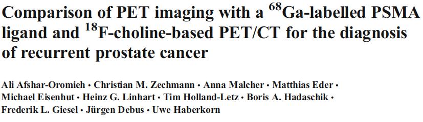 37 patients with BCR after primary treatment: 28 had RP; 9 had XRT Median PSA 4 All underwent 18 F-Choline and 68 Ga-PSMA PET PSMA: 78 lesions in 32 patients found Choline: