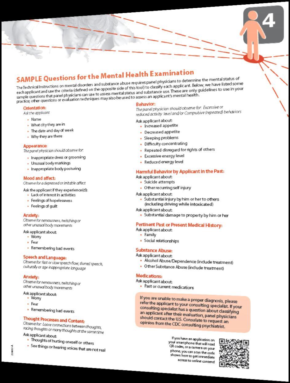 Mental Health Evaluation: Interviews Reference Tool 4 provides a list of topics that panel physicians can use to guide their mental health evaluation interview.