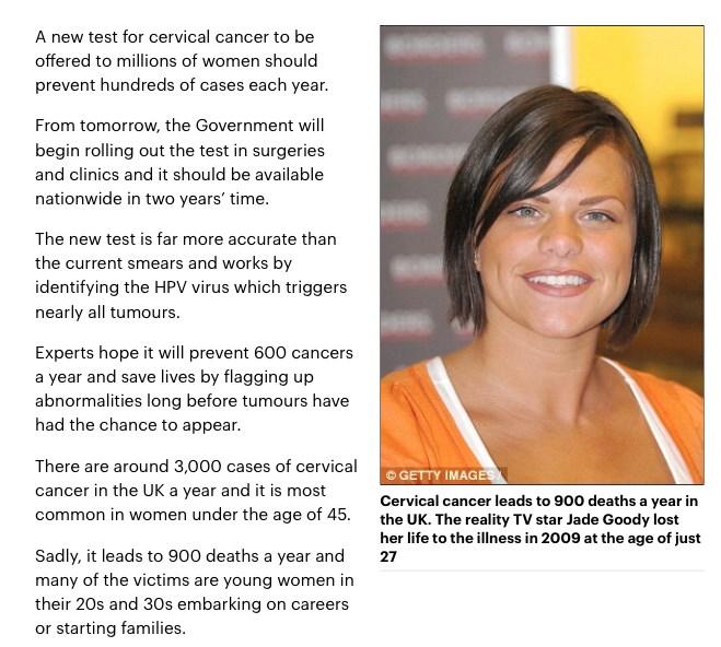 Daily Mail Jade Goody was first screened when she was under 25 years of age, her cytology test (LBC) was abnormal, she
