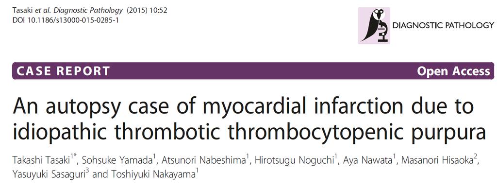 a 77-yo Japanese man diagnosed with TTP. The patient suddenly died. On autopsy, myocardial infarction manifested as petechiae and fibrotic foci.