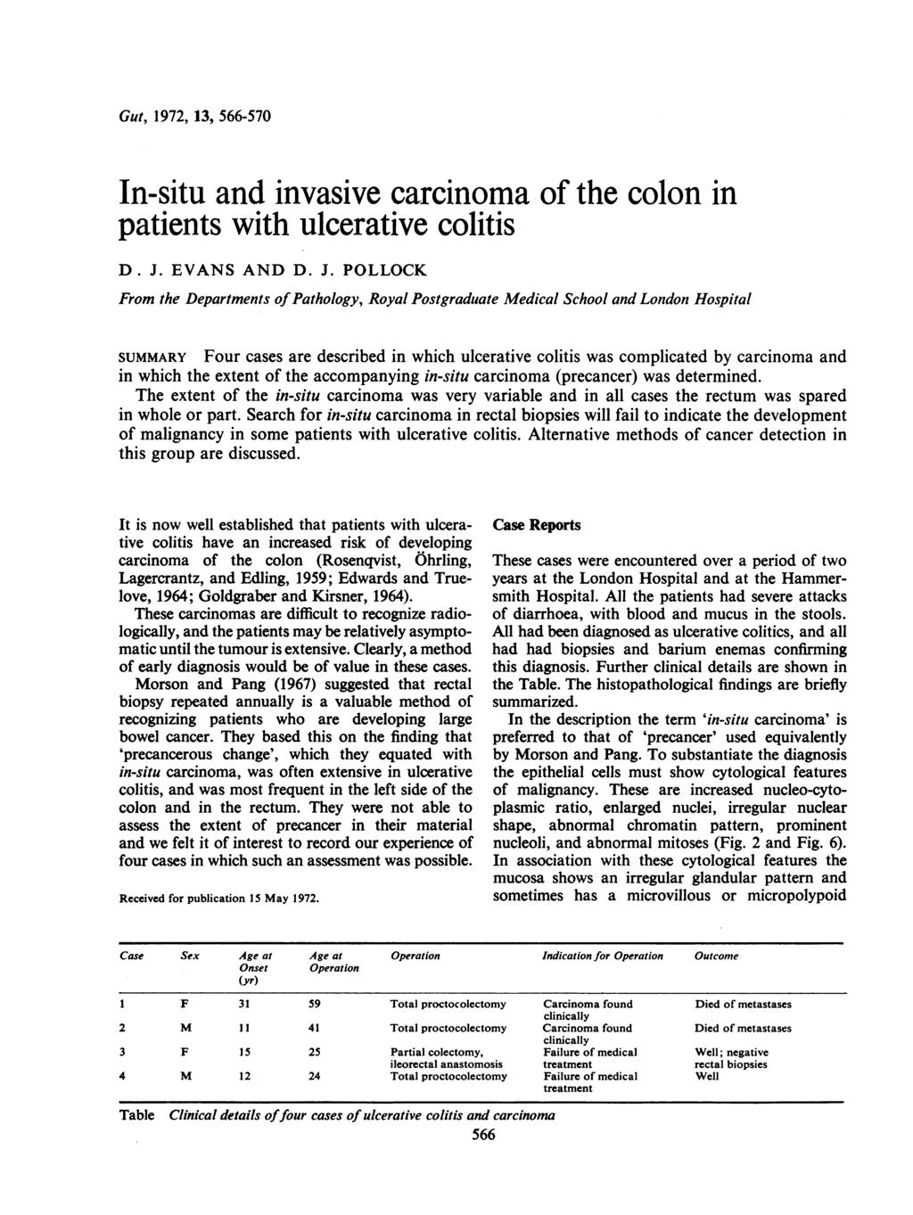 Gut, 1972, 13, 566-570 In-situ and invasive carcinoma of the colon in patients with ulcerative colitis D. J.