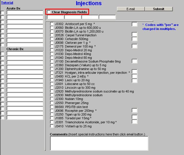 At the top of the second column is a notation Clear Diagnosis Fields. 1. When this check box is selected, the previously selected ICD-9 code descriptions are unchecked. 2.