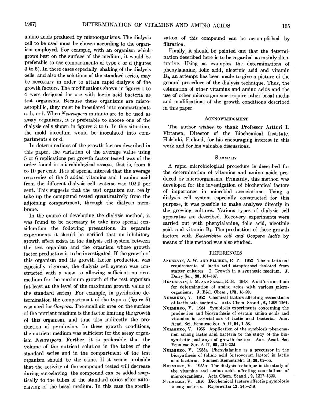1957] DETERMINATION OF VITAMINS AND AMINO ACIDS 165 amino acids produced by microorganisms. The dialysis cell to be used must be chosen according to the organism employed.