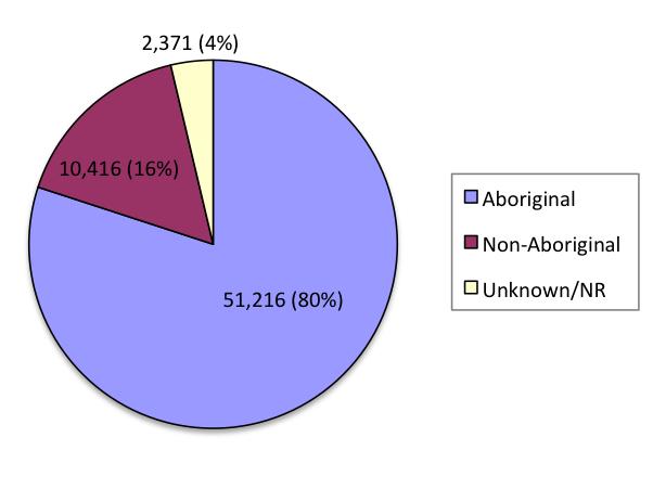 20 5.2.3: Visits by Ethnicity Figure 5.2.3a: Total visits by Ethnicity, N=64,003 In 2015-16, 80% of visits to PRR programs were made by persons who self-identified as being of Aboriginal