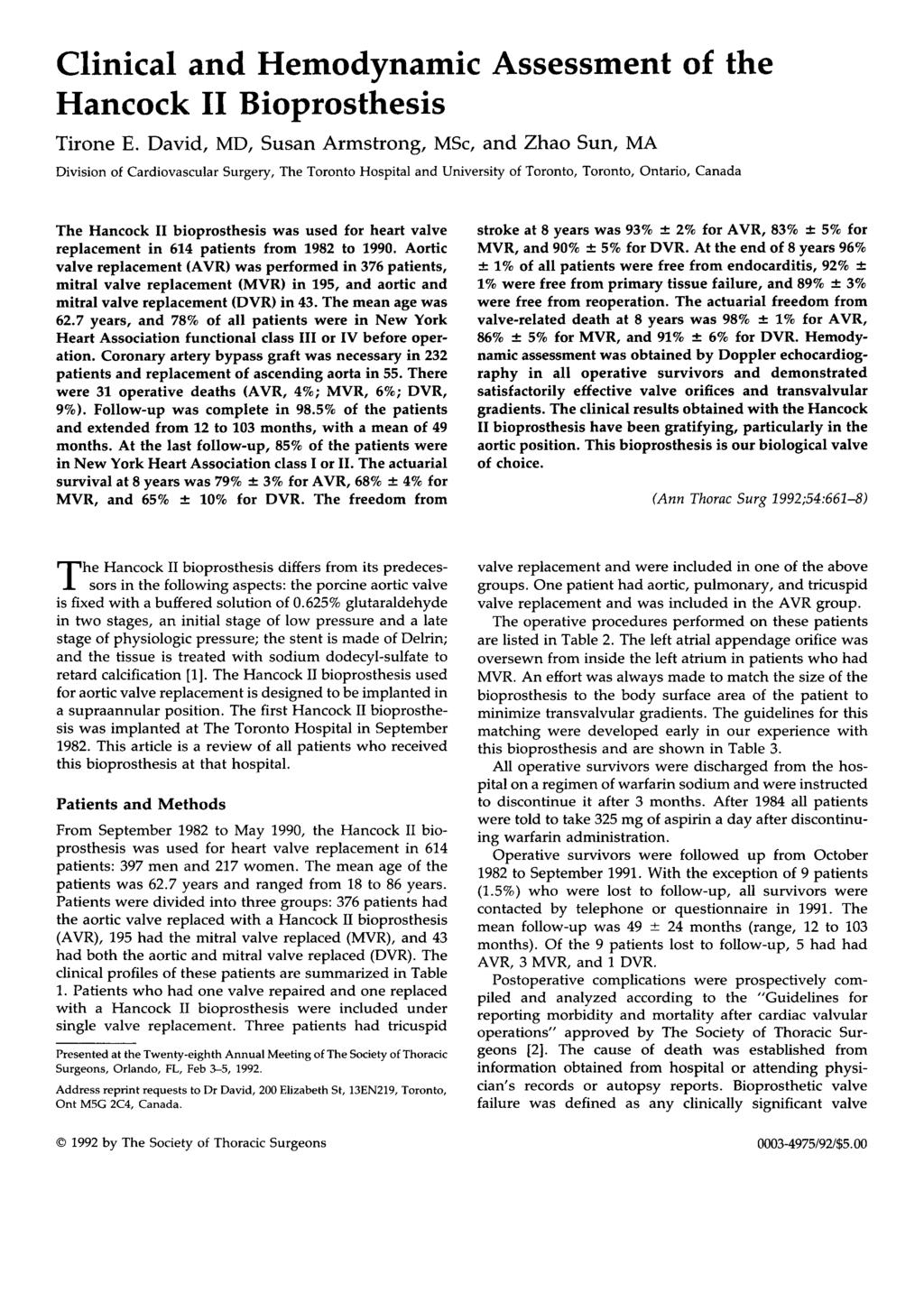 Clinical and Hemodynamic Assessment of the Hancock I1 Bioprosthesis Tirone E.