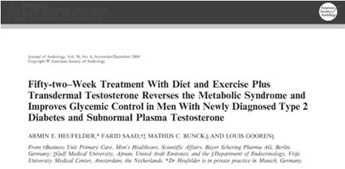 32 men with metabolic syndrome 16 diet + exercise 16 diet + exercise + testosterone 81% diet + exercise + testosterone no longer