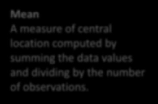 NUMERICAL MEASURES Measures of Locaton Mean A measure of central locaton computed by summng the data values and