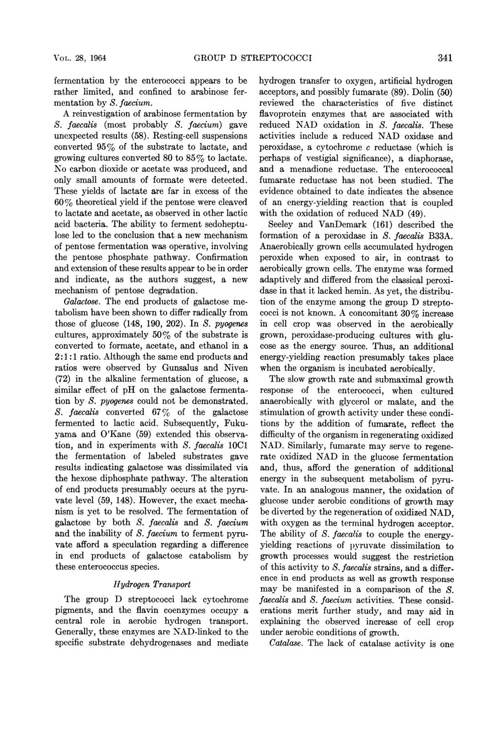 VOL. 28, 1964 GROUP D STREPTOCOCCI 341 fermentation by the enterococci appears to be rather limited, and confined to arabinose fermentation by S. faecium.